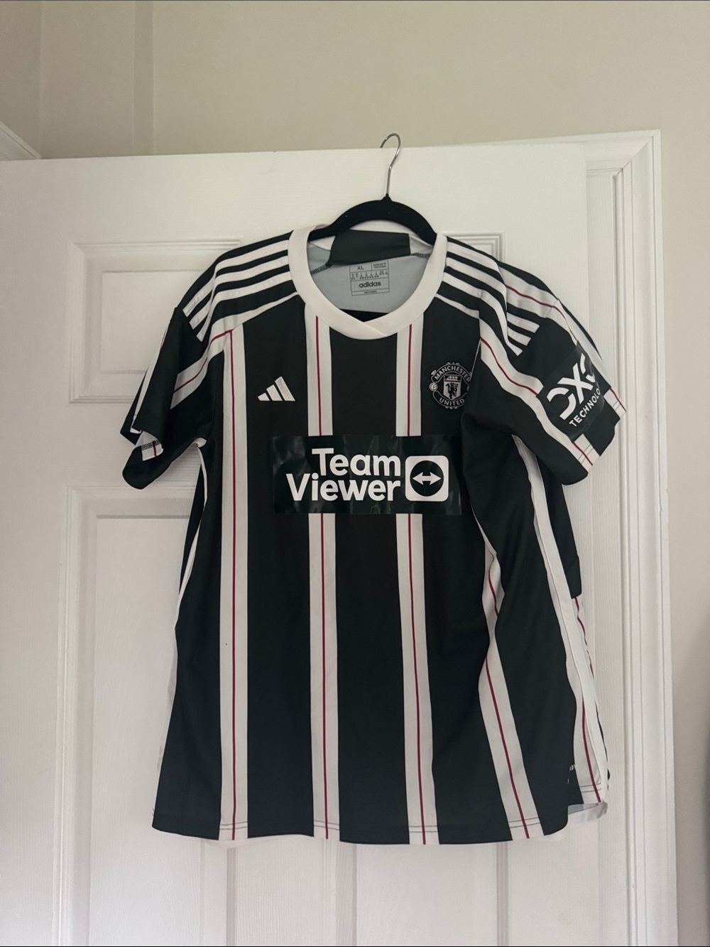 adidas Kids Black White and Red Striped Soccer Jersey